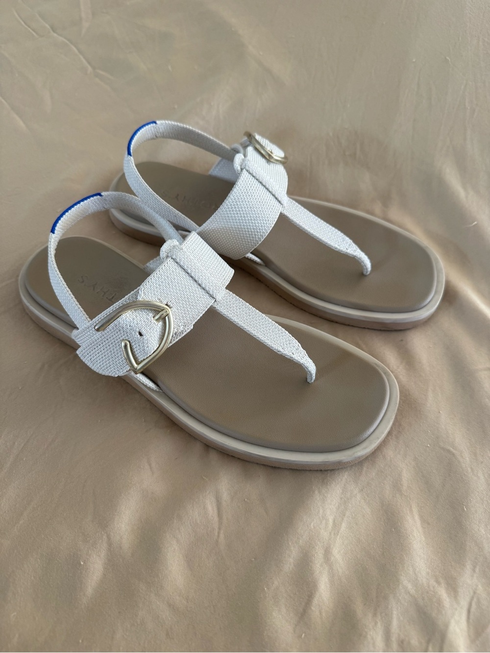Rothy's White Slingback Thong Sandals with Gold Buckle